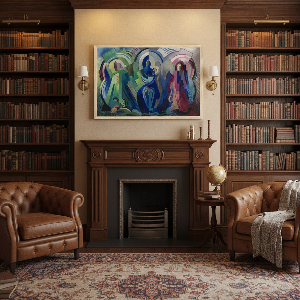 The Virgin of Éire by Mainie Jellett – natural wood framed Irish Modernist print Natural oak gallery frame around the print of The Virgin of Éire, placed in warm heritage study with leather armchairs, dark wood bookshelves, warm indirect light, premium fine-art atmosphere, ultra-realistic 4K.
