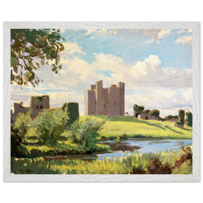 Trim Castle art print by Dermod O’Brien displayed in a minimalist modern living room with clean lines, oak furniture, soft grey walls, Scandinavian textures, bright natural lighting, 40×50 cm wooden frame.”