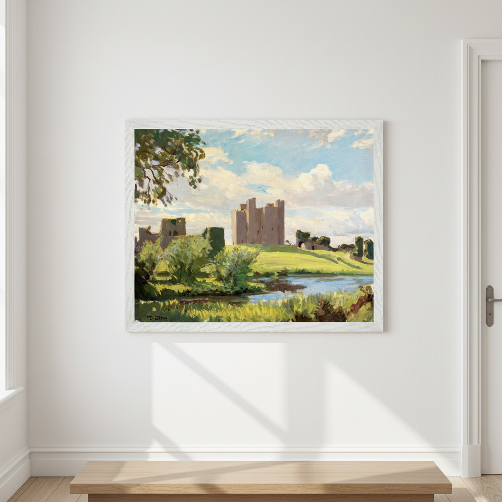 Framed Trim Castle print hanging in a bright hallway with white walls, natural wood accents, subtle shadows, simple elegant styling, 40×50 cm Collector’s Edition.