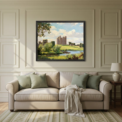 40×50 cm framed art print of Trim Castle by Dermod O’Brien hanging above a soft-neutral sofa in a warm heritage living room, muted green and cream palette, traditional Irish décor, natural daylight, elegant gallery-wall style, premium framing details visible.