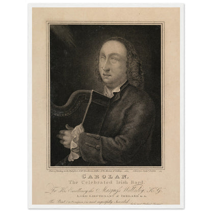 Framed print of “Carolan, the Celebrated Irish Bard,” vintage 1822 engraving of Turlough O’Carolan, displayed on a wall