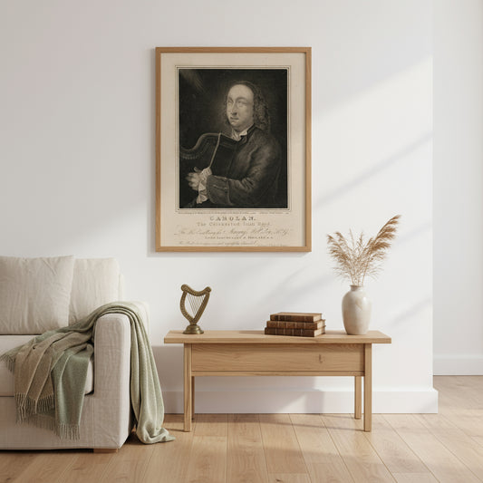 Irish bard portrait of Turlough O’Carolan in oak frame displayed in modern minimalist interior with heritage accents.