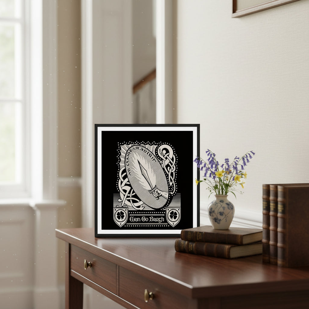 A premium unframed Erin Go Bragh – “Ireland Forever” art print resting on a wooden console in a Georgian hallway with soft daylight and linen-textured walls. A small vase of wild Irish flowers and antique Gaelic books complete the scene — minimalist, warm, heritage-inspired.