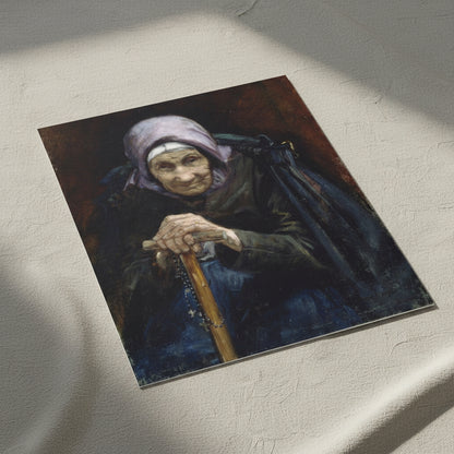 Unframed art print of The Fisherman’s Mother (1892) by Helen Mabel Trevor, portrait of an elderly Breton woman holding a wooden stick with rosary beads.