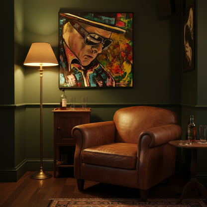 Irish pub-inspired snug: dark green wall, leather club chair, brass floor lamp; Van Morrison print in black frame above a small whiskey cabinet.