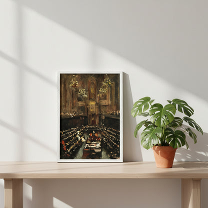 White framed Treaty print leaning against a wall on a light ash console table, green indoor plant beside it, soft shadowing, minimalist product shoot, editorial style.