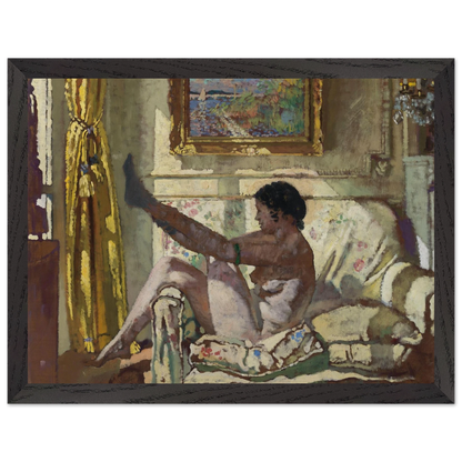William Orpen Sunlight framed art print, nude woman on floral sofa in sunlit interior, black wooden gallery frame, 30x40 cm.