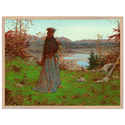 Woman in an Autumn Landscape – William J. Hennessy Irish Art Print Natural oak frame displayed in a cosy reading nook.