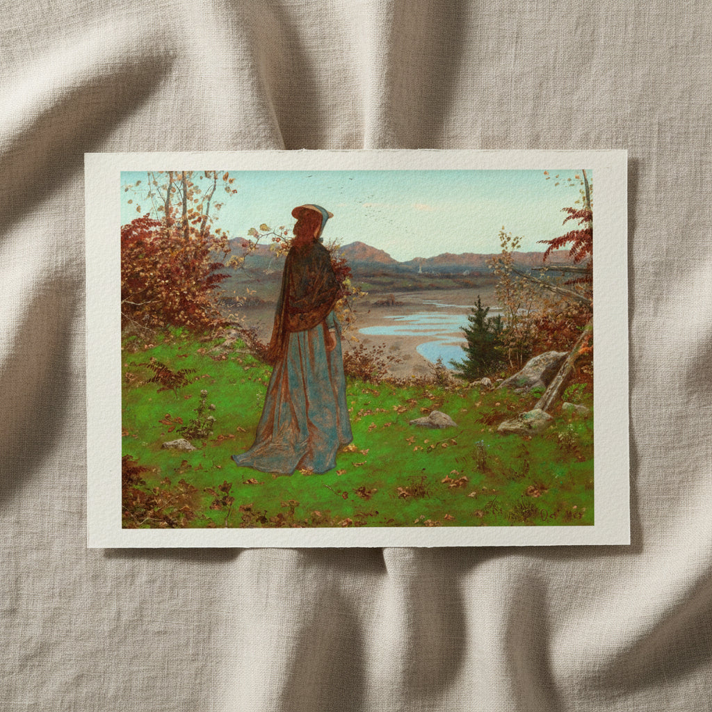 Woman in an Autumn Landscape – William J. Hennessy Irish Art Print unframed archival print resting on light linen fabric. Soft natural daylight, gentle shadows, artisanal fine-art photography style.