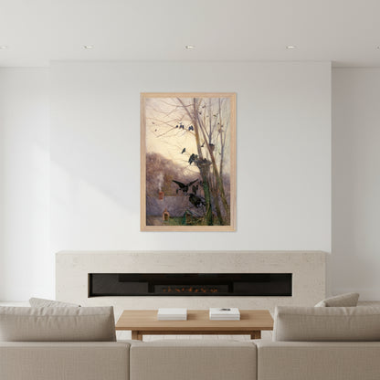 Oak/Wood frame: Shades of Evening in natural oak gallery frame with plexiglass glazing. Contemporary minimalist living room: 60×90 cm Oak Gallery frame on gallery-white wall, limestone hearth, linen sofa, low oak coffee table, discrete ceiling spotlights.