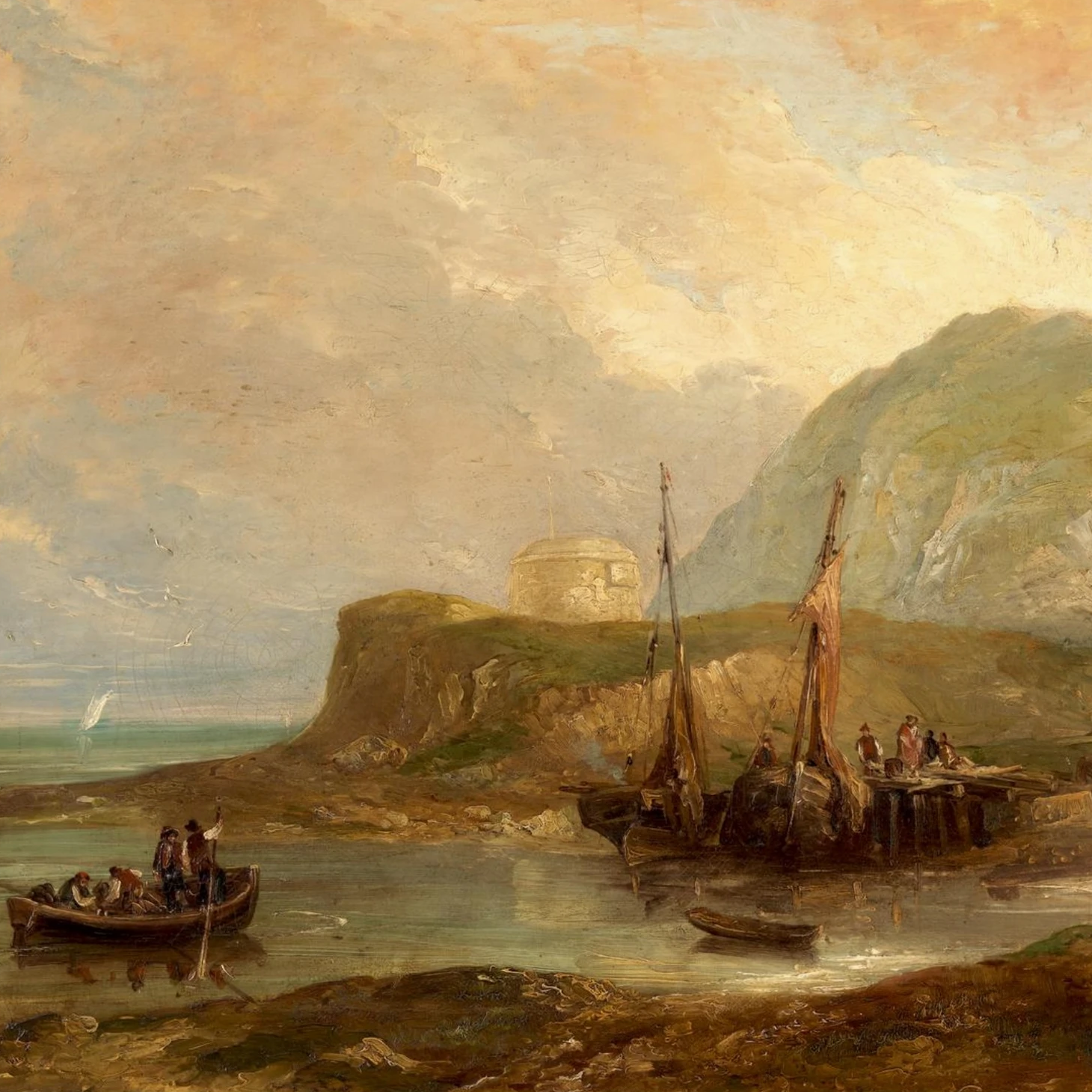 A View of Bray Head by Brocas, unframed archival art print. Painting of a coastal scene with boats and a fort on a hill.