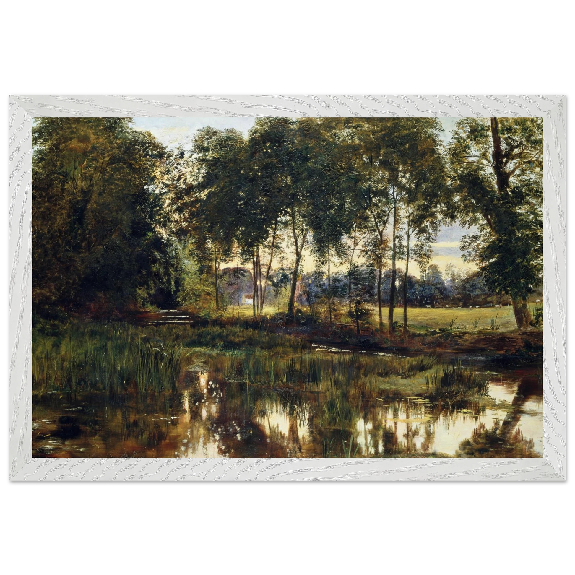 A View of Rye Water near Leixlip by William Davis, framed Irish landscape art print in white wood frame, ready to hang.
