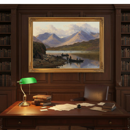 A View of the Killaries in a gold frame in a wood-panelled study with a green banker's lamp