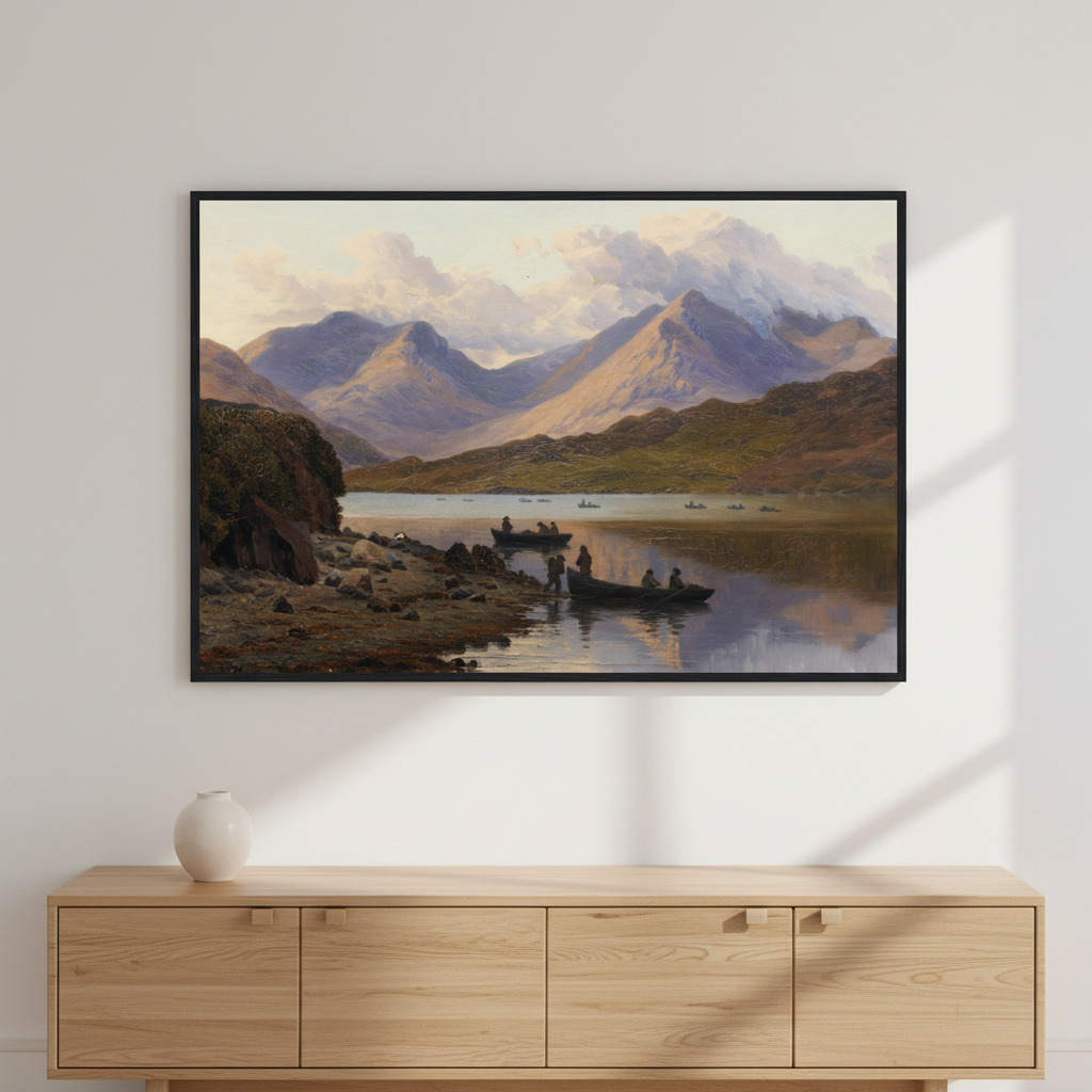 A View of the Killaries by Bartholomew Colles Watkins in a black frame above a light oak sideboard
