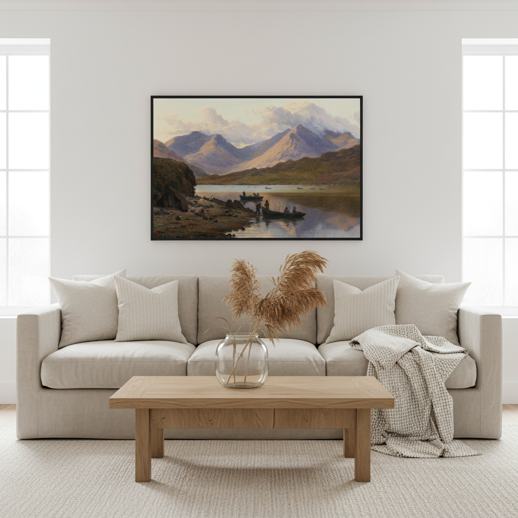 A View of the Killaries framed print in a black frame above a linen sofa and oak coffee table