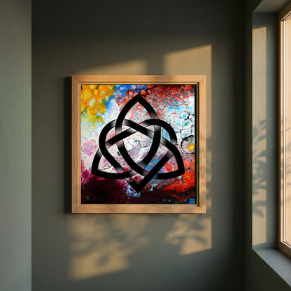 Abstract Celtic Design framed print in a natural oak frame on a dark green wall beside a window, dappled plant shadow
