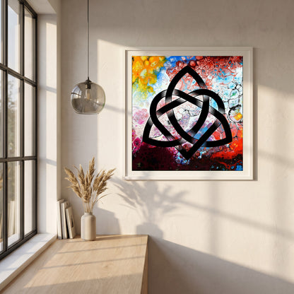Abstract Celtic Design framed print in a white frame on a plaster wall above an oak worktop in a bright Scandinavian kitchen