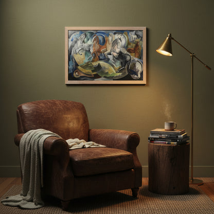 Achill Horses by Irish Artist Mainie Jellett Abstract Art Print 30x45 cm / 12x18″ / Natural wood framed Achill Horses print in a cosy reading nook; olive-green wall, leather armchair, brass floor lamp, stack of Irish art books, soft evening light and rustic textures.
