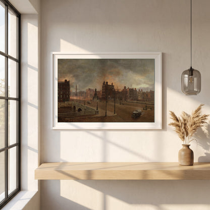 After the Bombardment framed print in a white frame on a plaster wall above an oak worktop in a bright Scandinavian kitchen