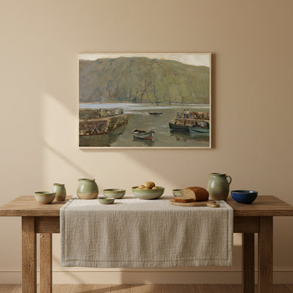 The Harbour, Leenane by James Humbert Craig shown framed in a refined interior setting as Irish landscape wall art