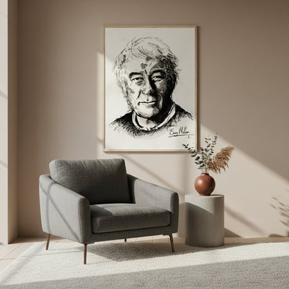 Irish Poet, Seamus Heaney, Black and White Portrait Framed Art Print Poster Direct From the Artist  Buy Irish Art Natural oak frame mockup of Seamus Heaney portrait displayed in a modern collector’s home, earthy palette, linen textures, gentle shadows, refined contemporary Irish interior, 