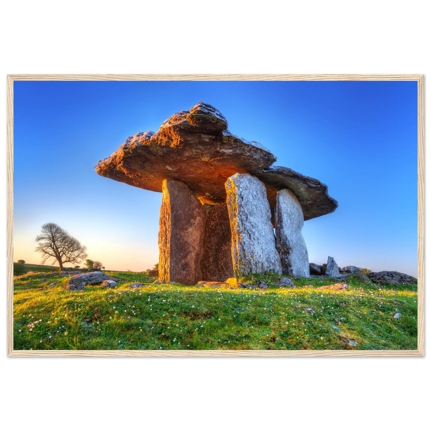 Framed print of Poulnabrone Dolmen, iconic Irish monument amidst Burren's limestone plateau. Evokes rich history and breathtaking landscapes.