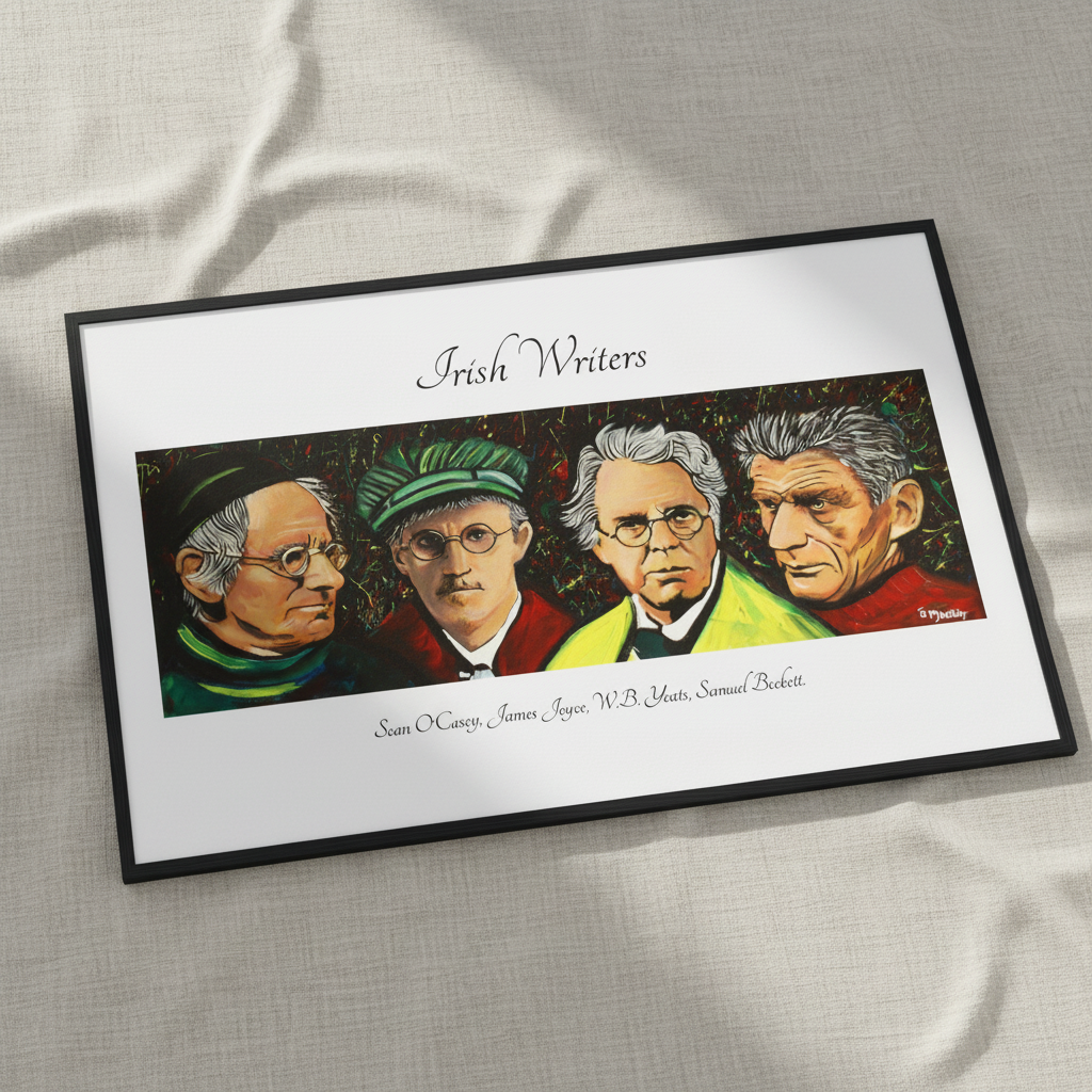 Famous Irish writers O'Casey, Joyce, Yeats and Beckett portrait print in a black frame lying on linen
