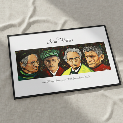Famous Irish writers O'Casey, Joyce, Yeats and Beckett portrait print in a black frame lying on linen