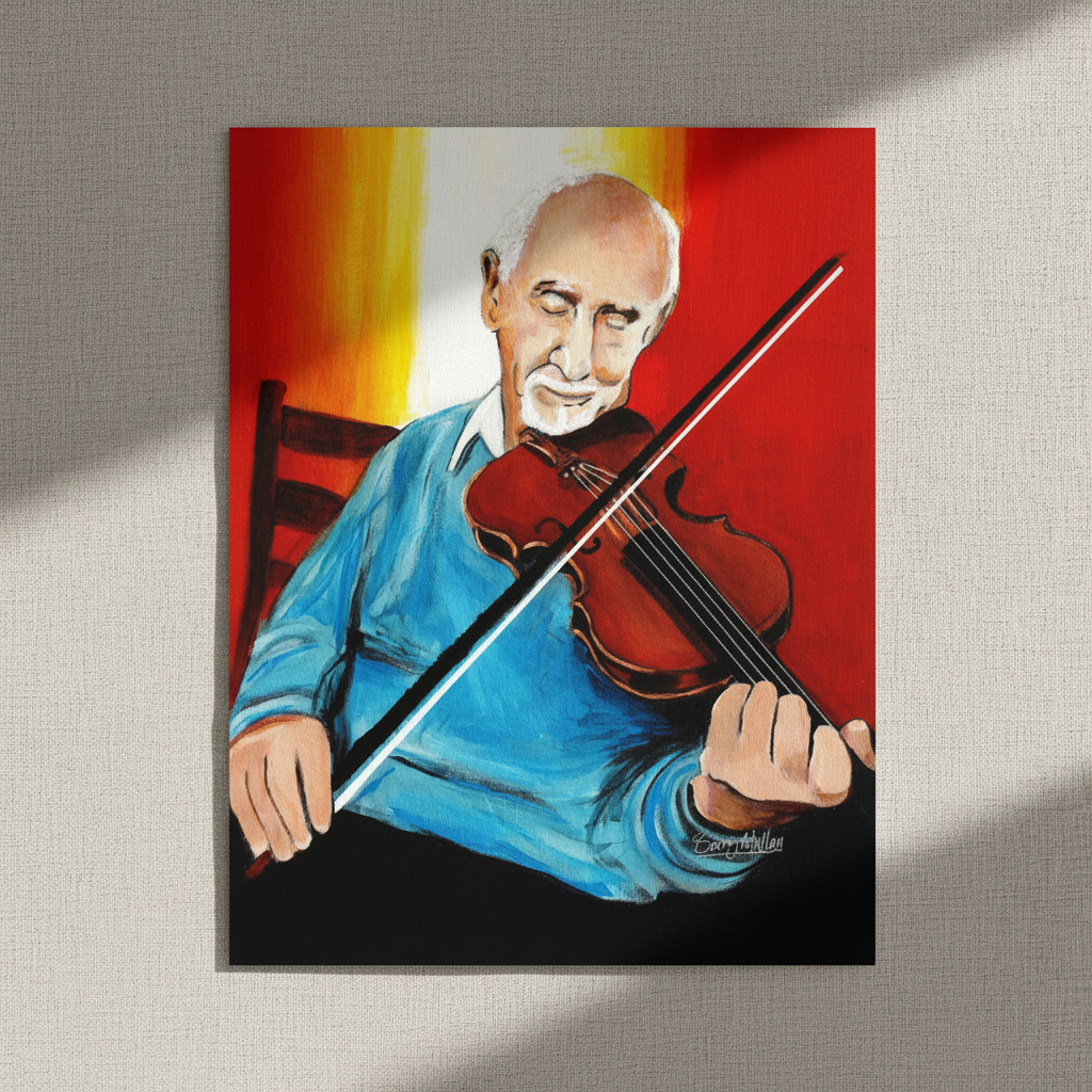 Polkas in the Parlour, Johnny Joe's Cushendall unframed print lying on linen in window light