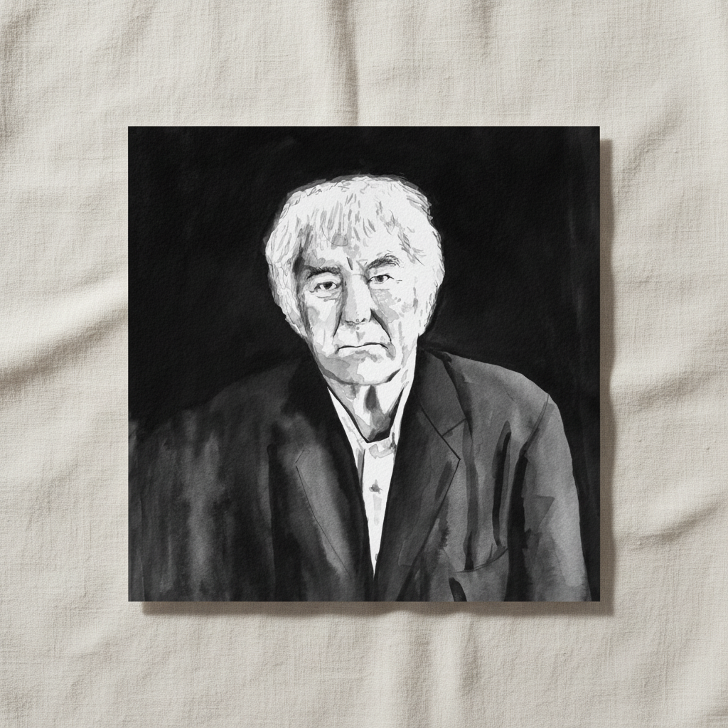 Seamus Heaney black and white portrait, unframed print on a linen surface