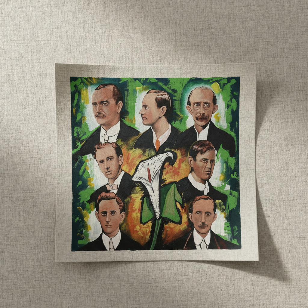 Seven signatories of the 1916 Proclamation unframed print hung on a linen-textured wall