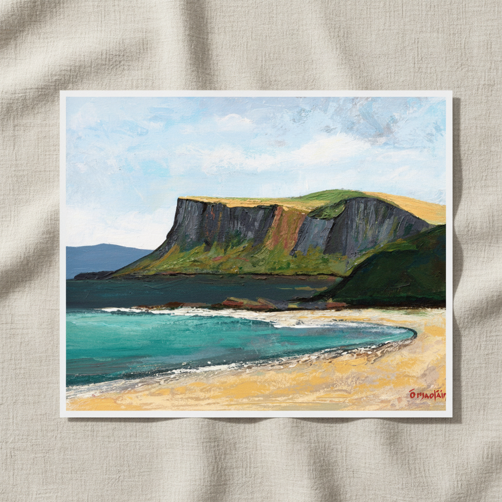 Fair Head from Ballycastle Beach unframed print on textured paper lying on creased linen