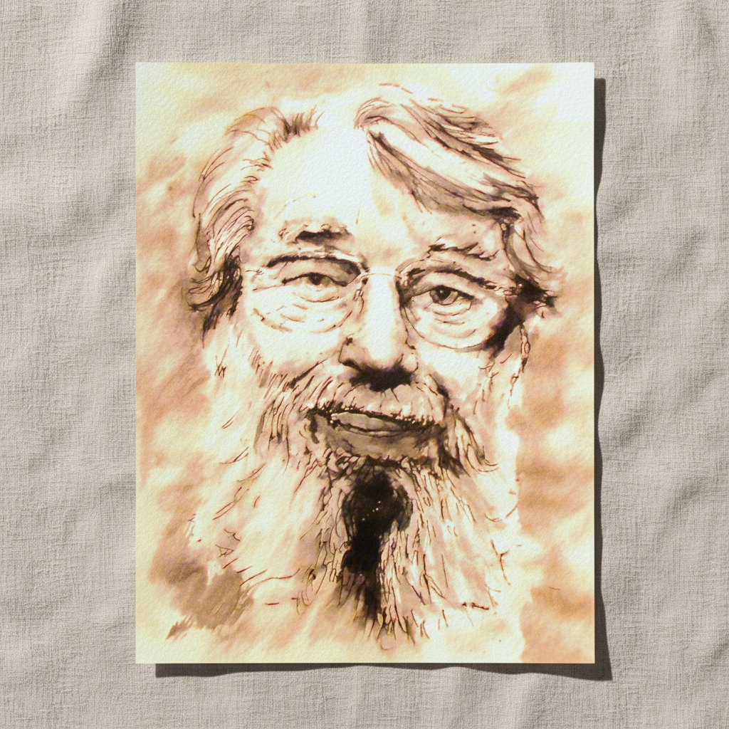 Ronnie Drew portrait unframed print lying on a linen background