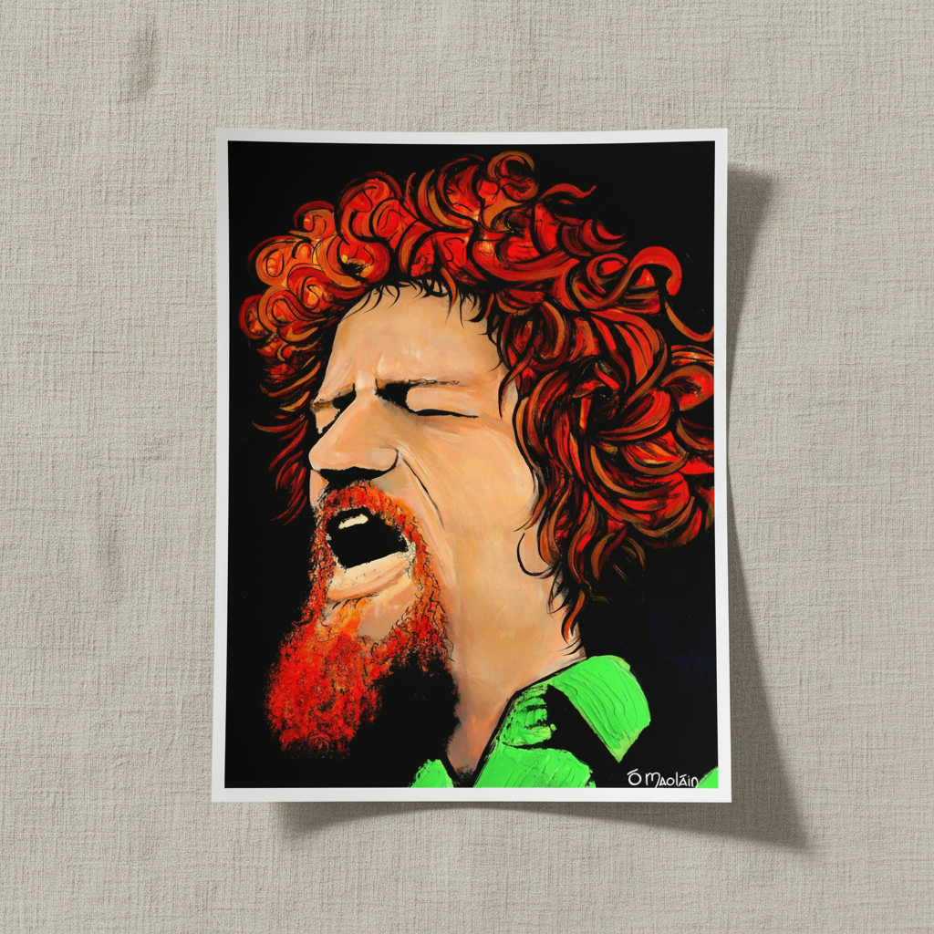 Luke Kelly portrait unframed print with white border resting on linen