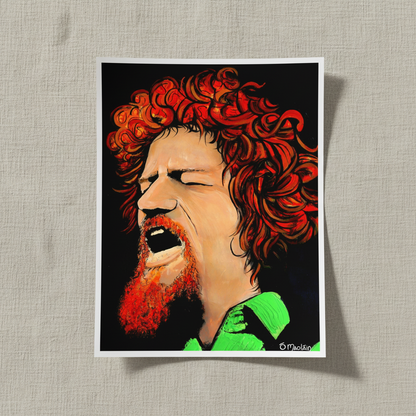Luke Kelly portrait unframed print with white border resting on linen