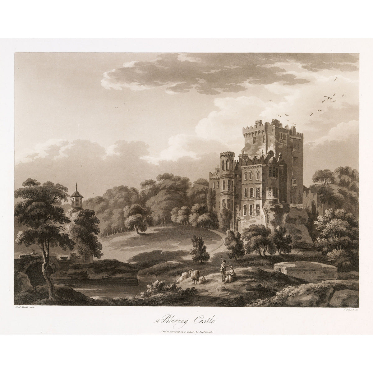 Blarney Castle with its Gothic mansion, 1796 aquatint by Thomas Sautelle Roberts, engraved by Samuel Alken - vintage Irish art print