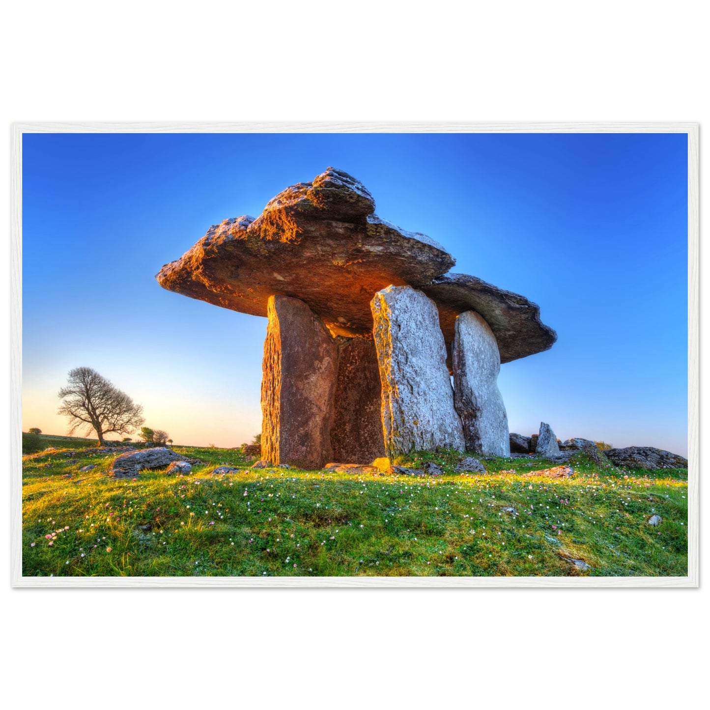 Framed Irish Wall Art Print: Poulnabrone Dolmen, iconic Irish monument on Burren plateau. Rich history, breathtaking landscape.