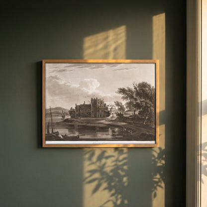 Carrick Castle (Ormond Castle) by Thomas Sautelle Roberts Art Print framed print in a natural oak frame on a dark green wall beside a window, dappled plant shadow