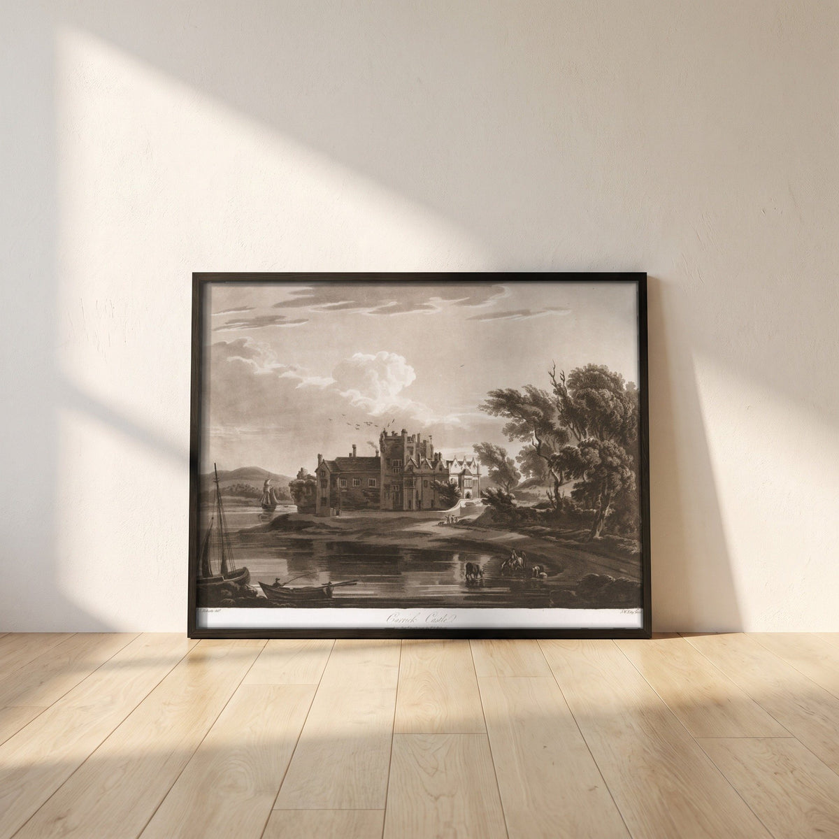 Carrick Castle (Ormond Castle) by Thomas Sautelle Roberts Art Print framed print in a black frame leaning against a white plaster wall on oak floorboards in morning light