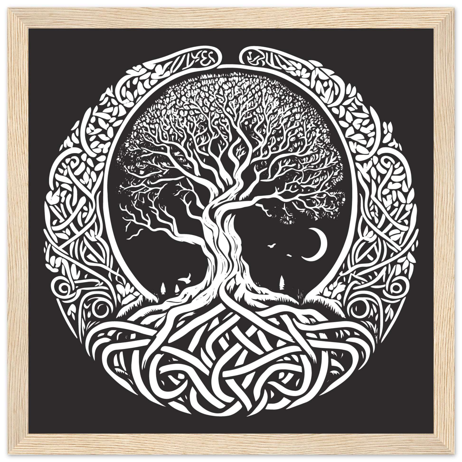 A black and white illustration of the Celtic Tree of Life symbol, featuring a circular design with intricate patterns and a tree motif, enclosed in a wooden frame.