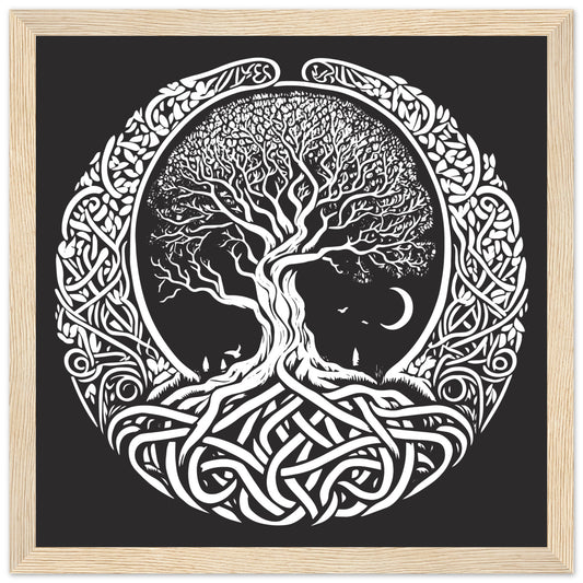 A black and white illustration of the Celtic Tree of Life symbol, featuring a circular design with intricate patterns and a tree motif, enclosed in a wooden frame.