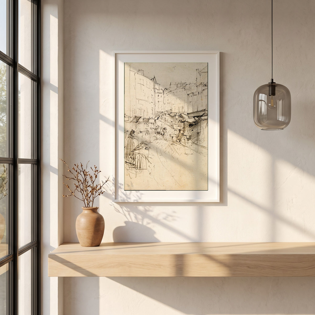 Christchurch Cathedral, Dublin framed print in a white frame on a plaster wall above an oak worktop in a bright Scandinavian kitchen