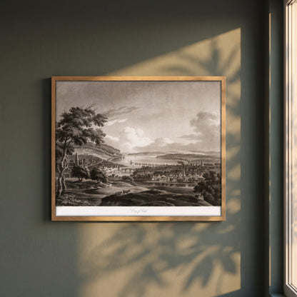 City of Cork by Thomas Sautelle Roberts Art Print framed print in a natural oak frame on a dark green wall beside a window, dappled plant shadow