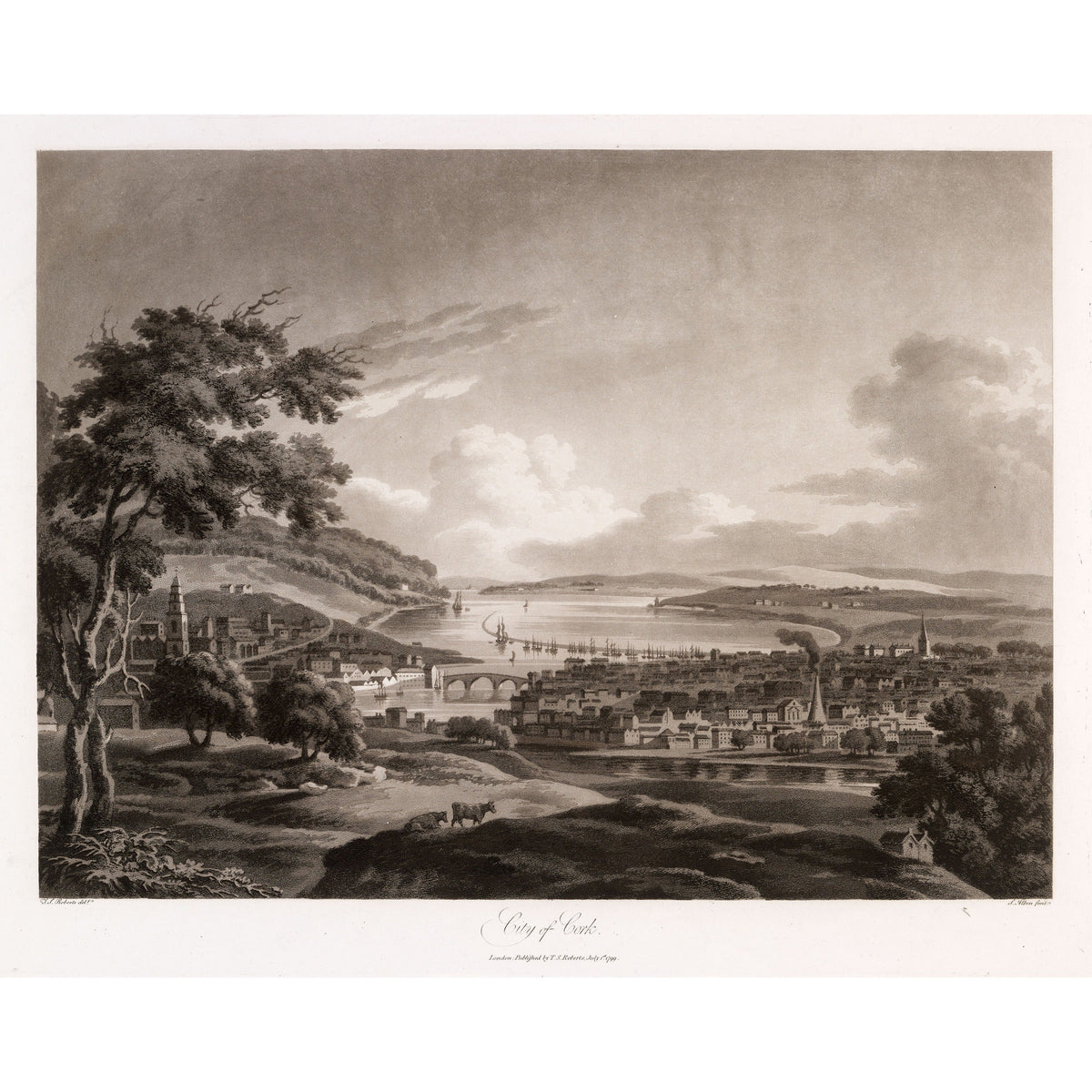 City of Cork and its harbour, 1799 aquatint by Thomas Sautelle Roberts, engraved by Samuel Alken - vintage Irish art print