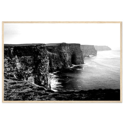 Cliffs of Moher black and white photographic print in a natural oak frame with a thin white edge