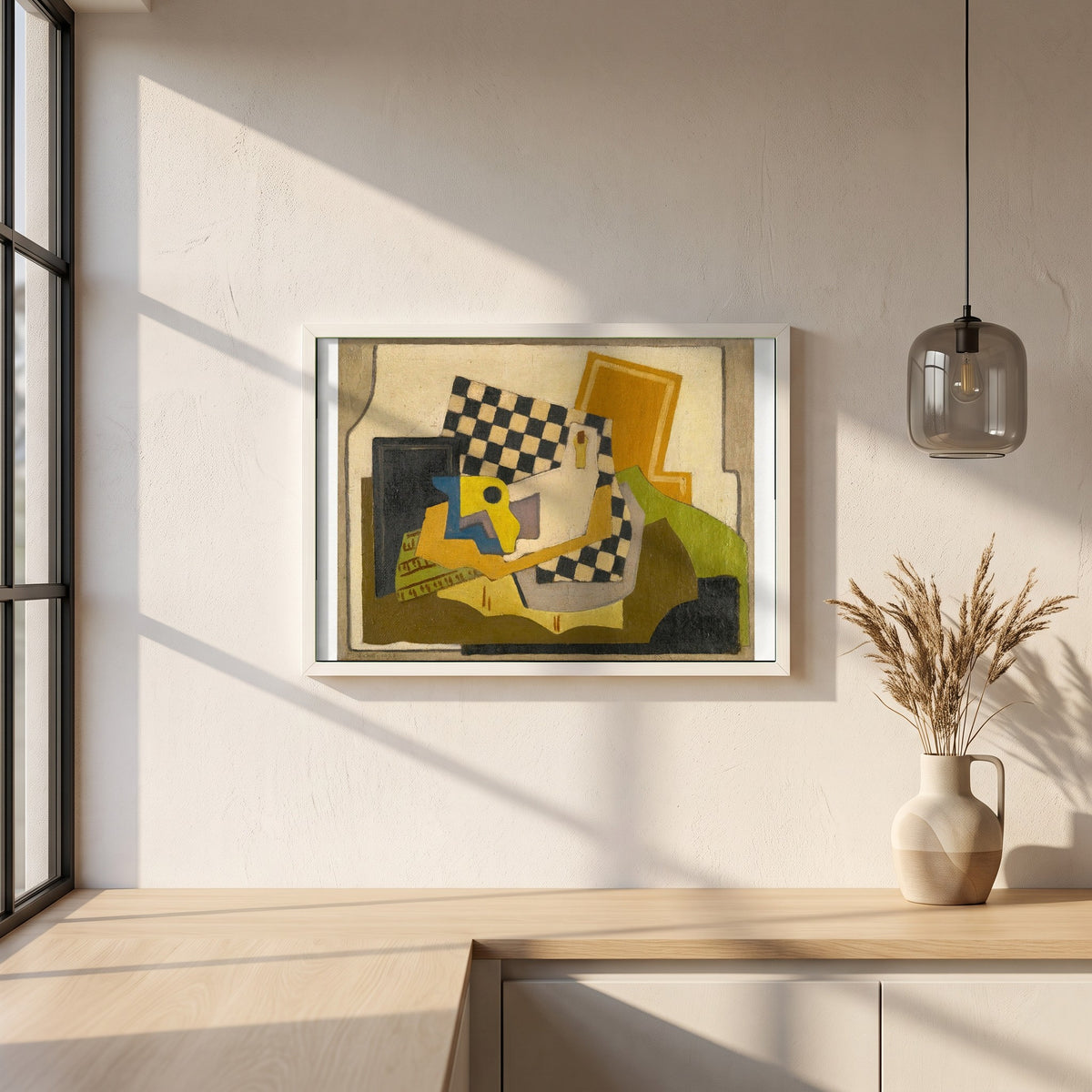 Composition 1925 framed print in a white frame on a plaster wall above an oak worktop in a bright Scandinavian kitchen