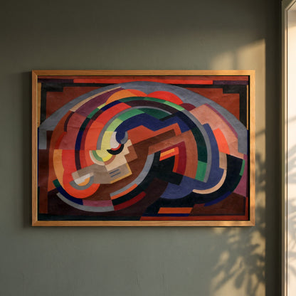 A Composition framed print in a natural oak frame on a dark green wall beside a window, dappled plant shadow