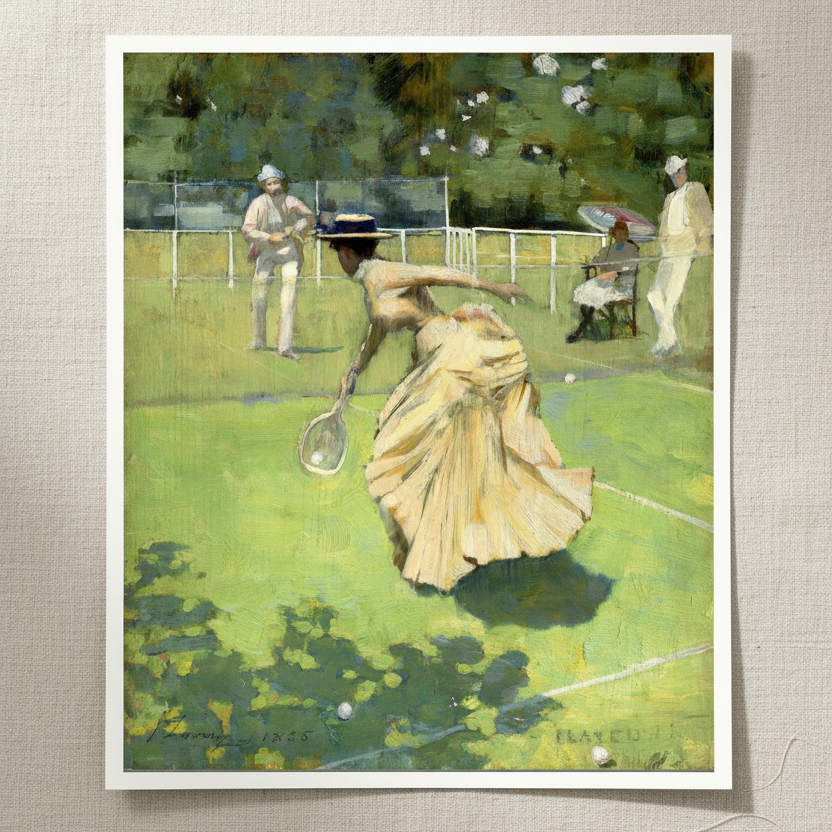 A framed art print depicting an impressionist painting of a tennis match on a grass court, featuring a woman in a flowing pale yellow dress, mounted on a textured beige wall.