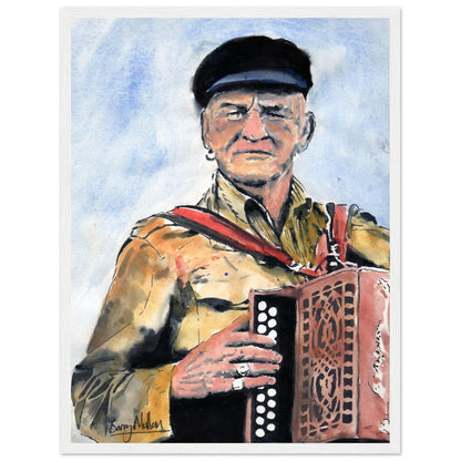 Framed art print of Patsy Dan Rogers, the King of Tory, celebrating the vibrant spirit of Tory Island. This captivating artwork by Irish artist B. Mullan captures the essence of Tory's unique culture, honouring the island's legendary figure.