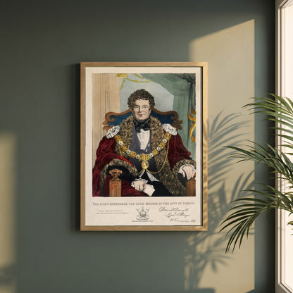 Daniel O'Connell framed print in a natural oak frame on a dark green wall beside a window, dappled plant shadow